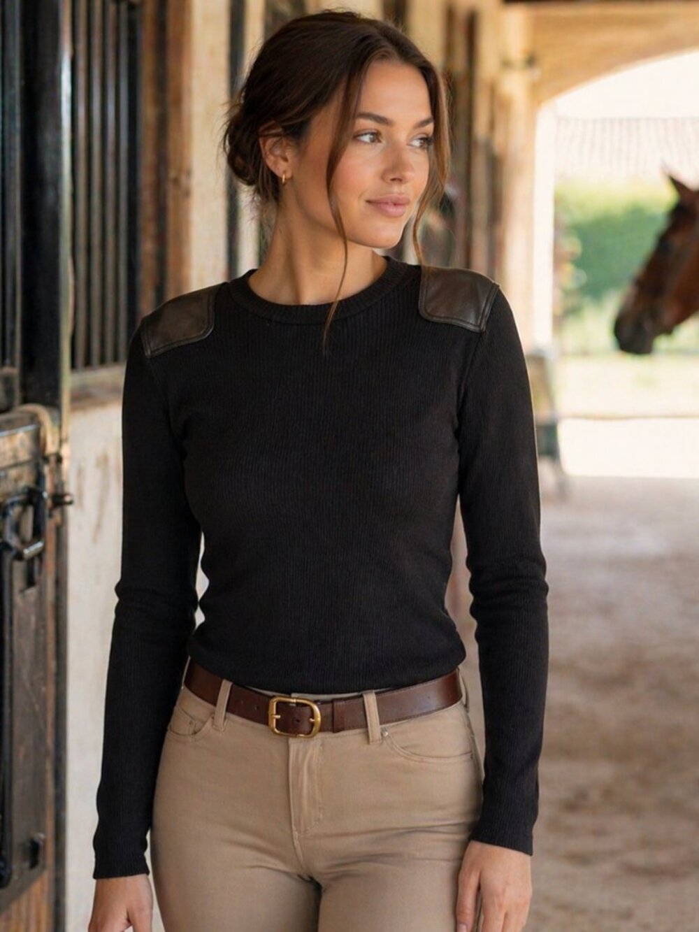 Ralph Lauren Jeans Company Knit Sweater Shirt Womens XL Leather Shoulder Patch